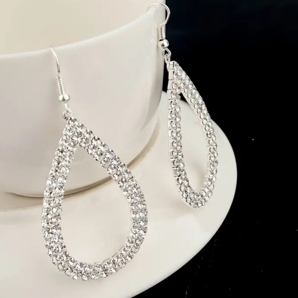 Silvertone Teardrop Cubic Zirconia Earrings with French Hooks NWT